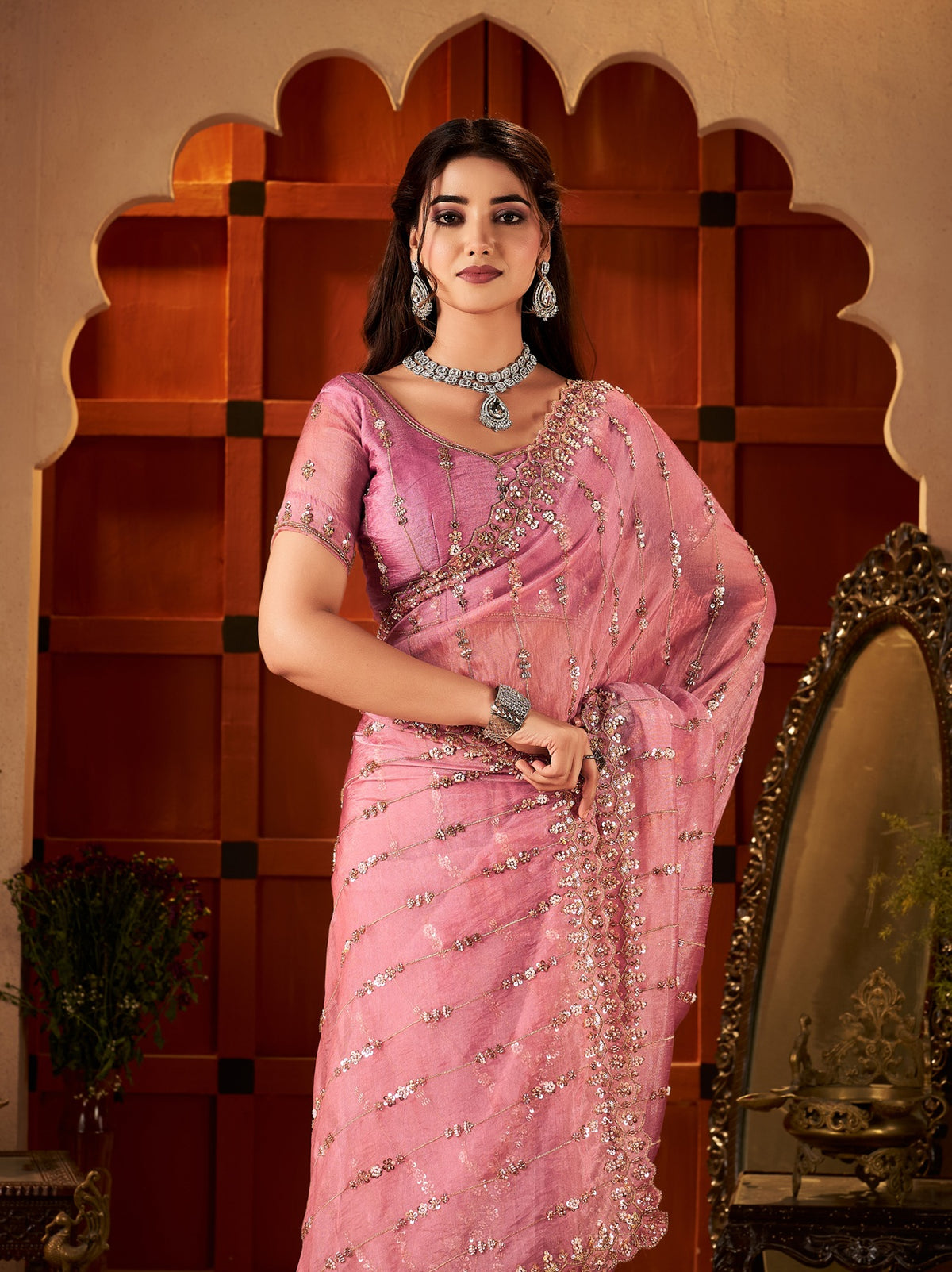 Elegant Blush Pink Floral Stripe Tissue Silk Saree for parties and festive occasions