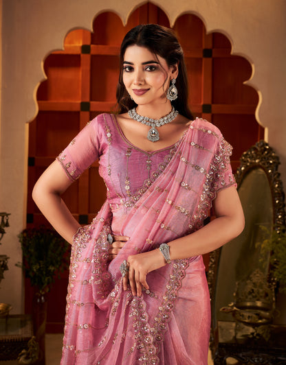 Intricate beads and hand work on Blush Pink Floral Stripe Tissue Silk Saree