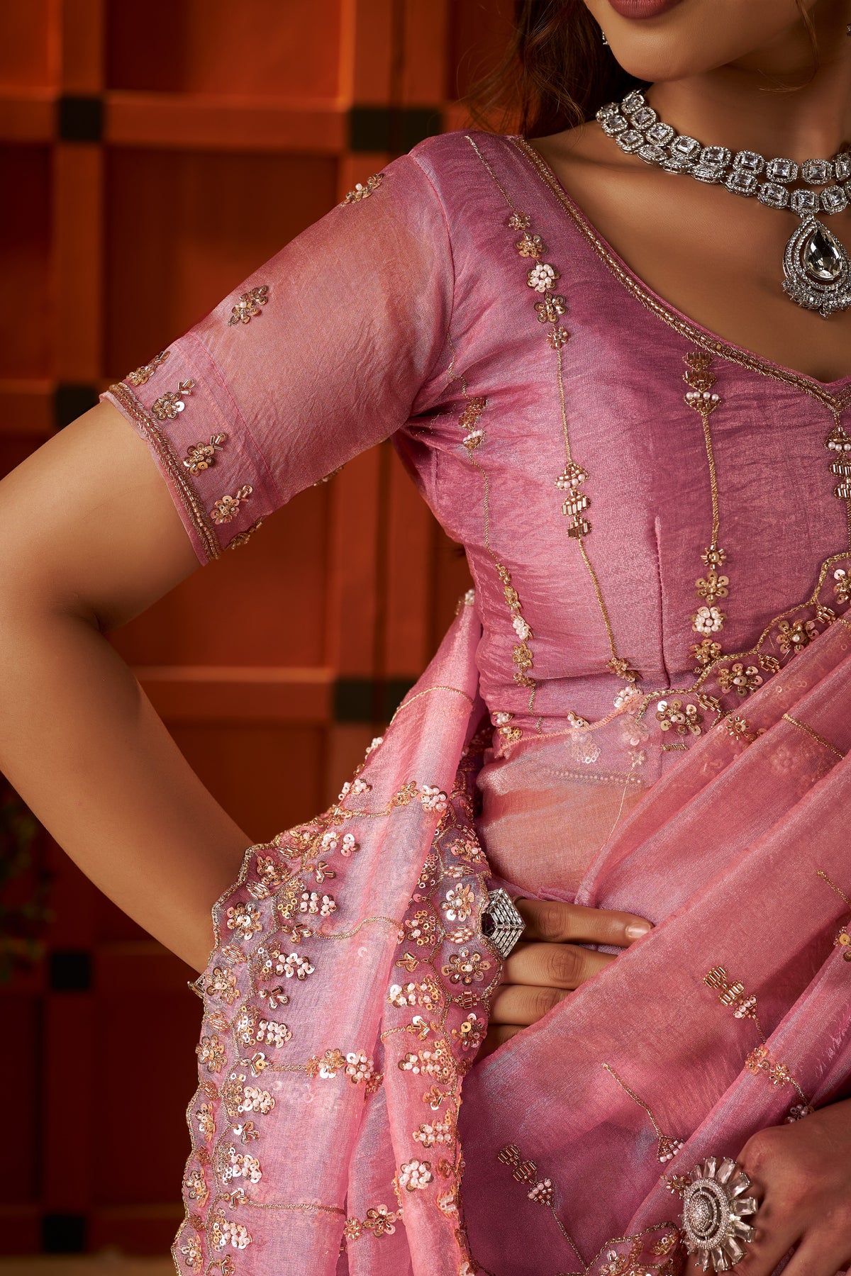 matching unstitched blouse piece of blush pink floral stripe tissue silk saree