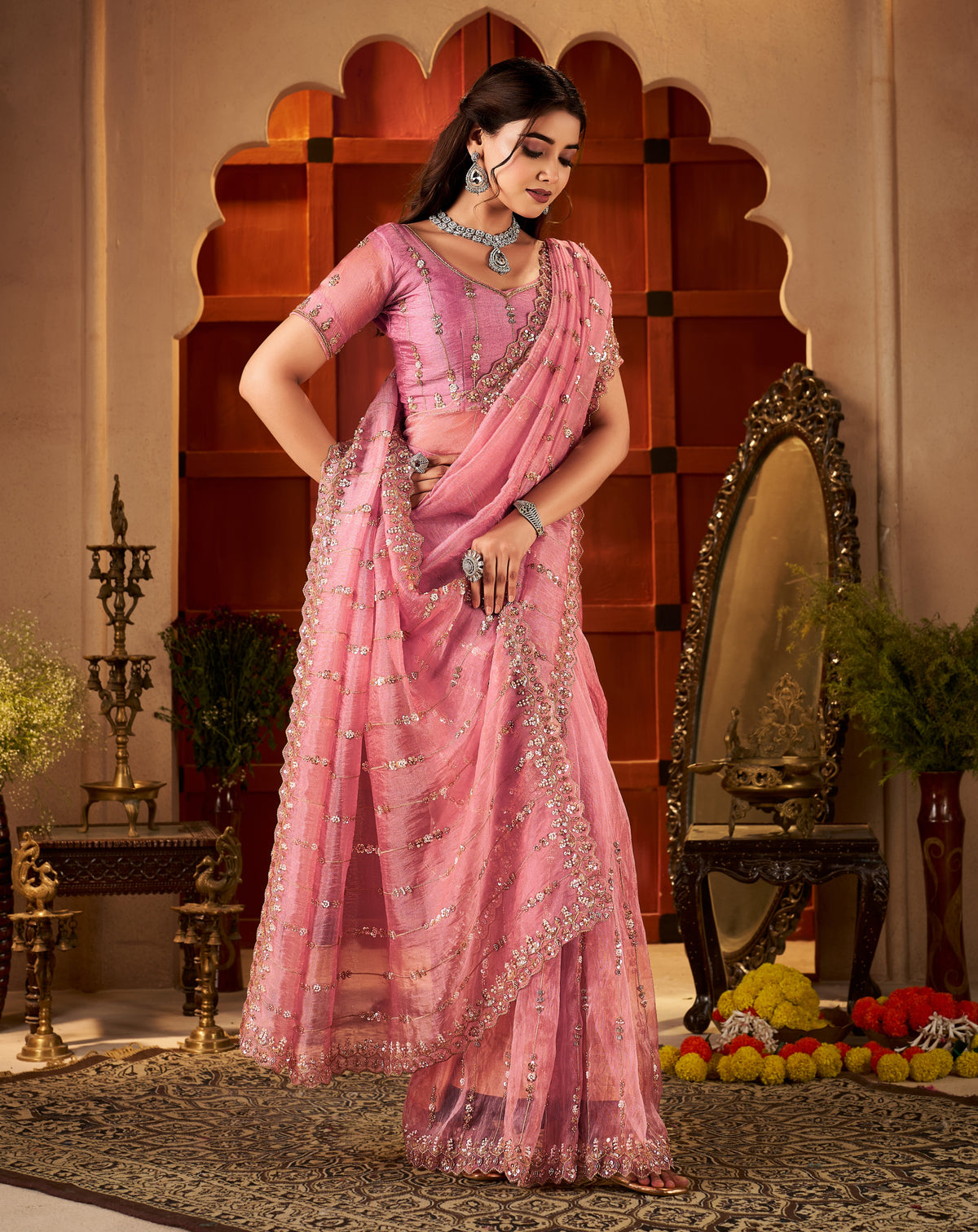 premium tissue silk fabric with floral stripe design and hand work