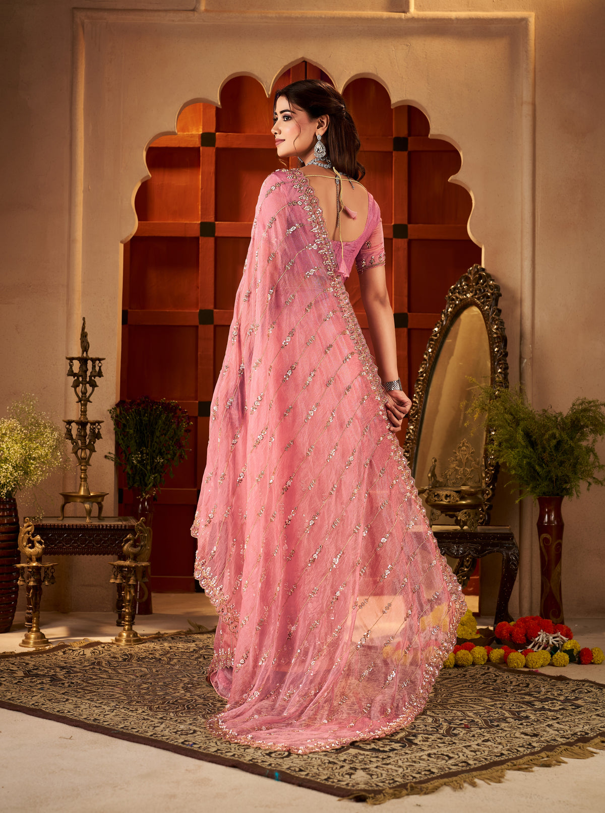 Back view of Blush Pink Floral Stripe Tissue Silk Saree with hand work