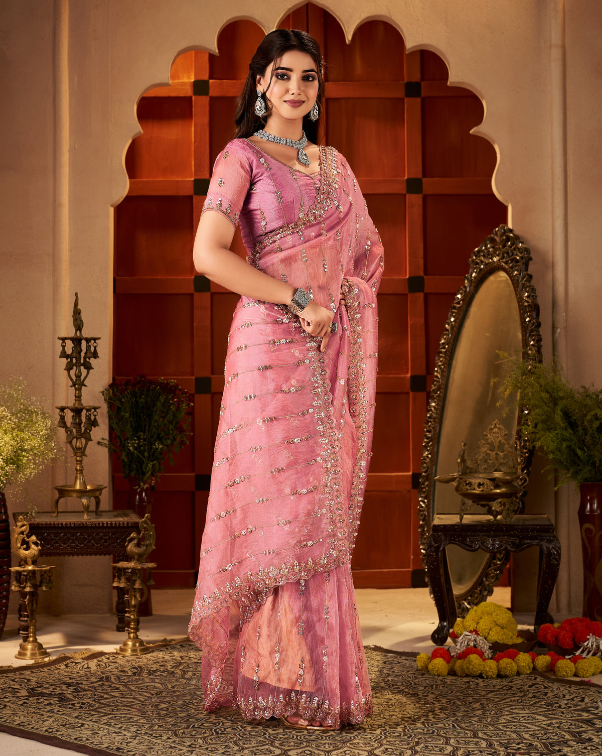 Blush Pink Floral Stripe Tissue Silk Saree for weddings and receptions