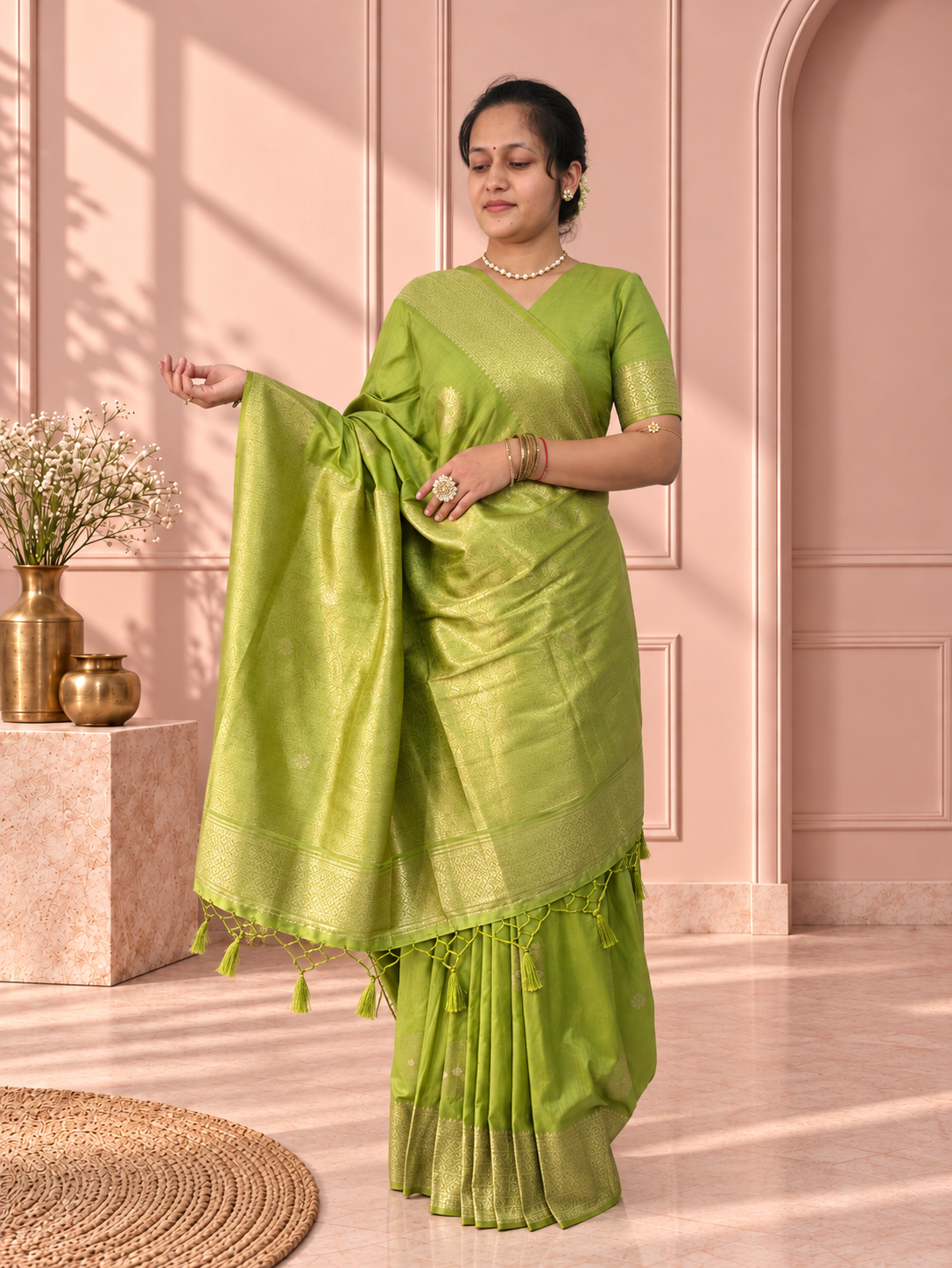 lime green silk butta saree with rich woven border
