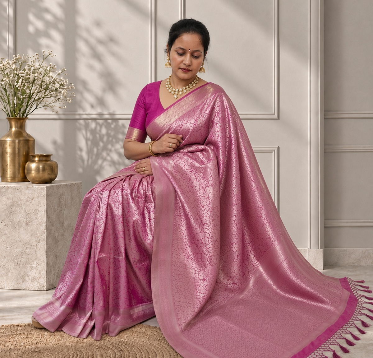 rose pink banarasi silk saree with floral jaal & rich woven border