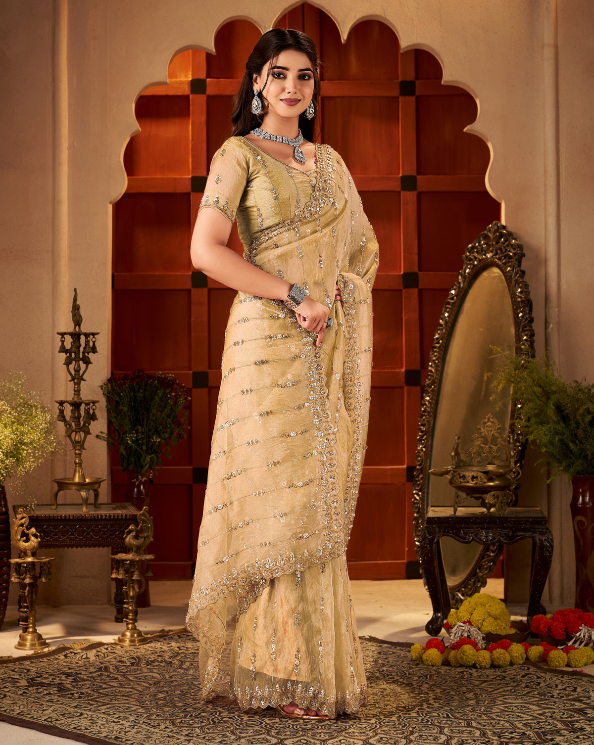 Floral stripe design on Champagne Gold Tissue Silk Saree with shimmering finish