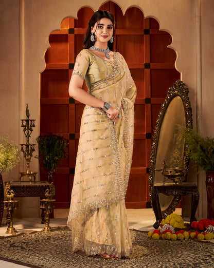Floral stripe design on Champagne Gold Tissue Silk Saree with shimmering finish
