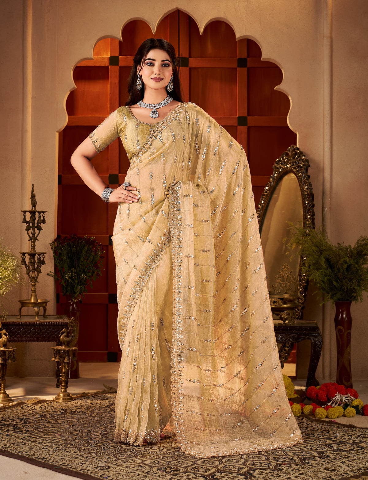 Complete view of Champagne Gold Floral Tissue Silk Saree with blouse piece