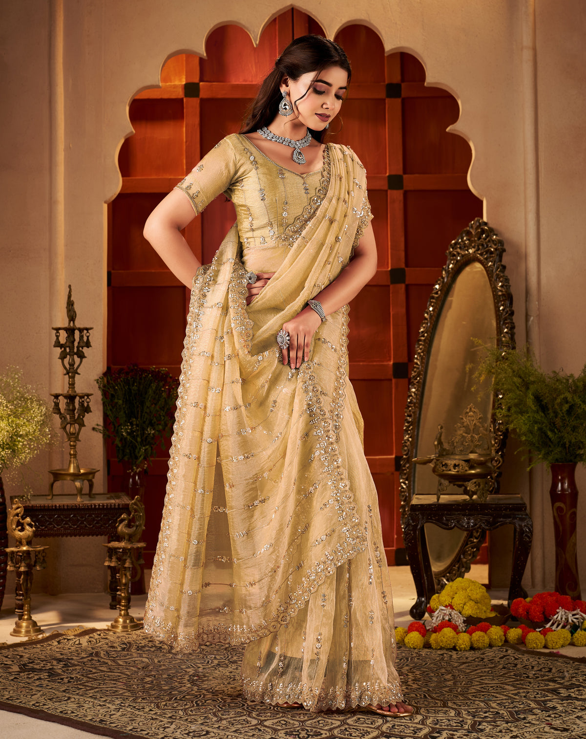 side profile of champagne gold tissue silk saree with embellished border