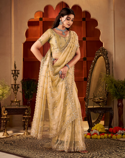 Side profile of Champagne Gold Tissue Silk Saree with embellished border