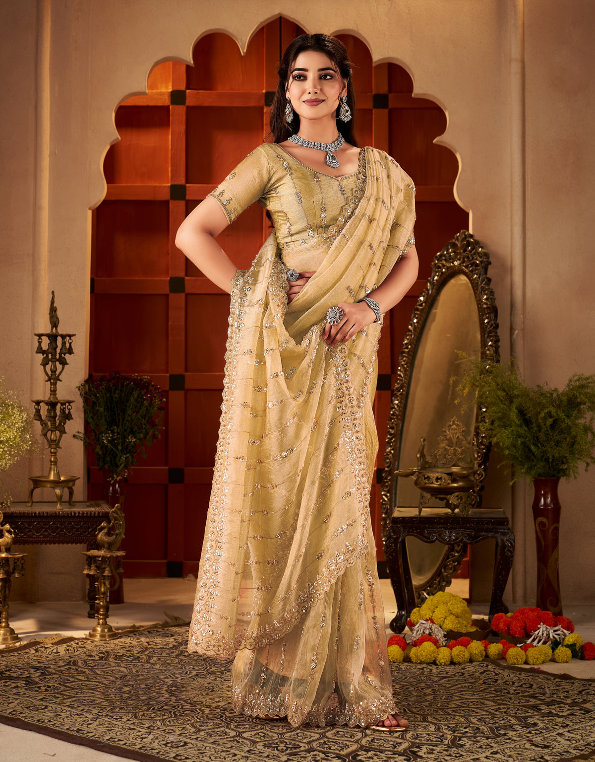 Champagne Gold Floral Tissue Silk Saree for wedding, party and festive wear