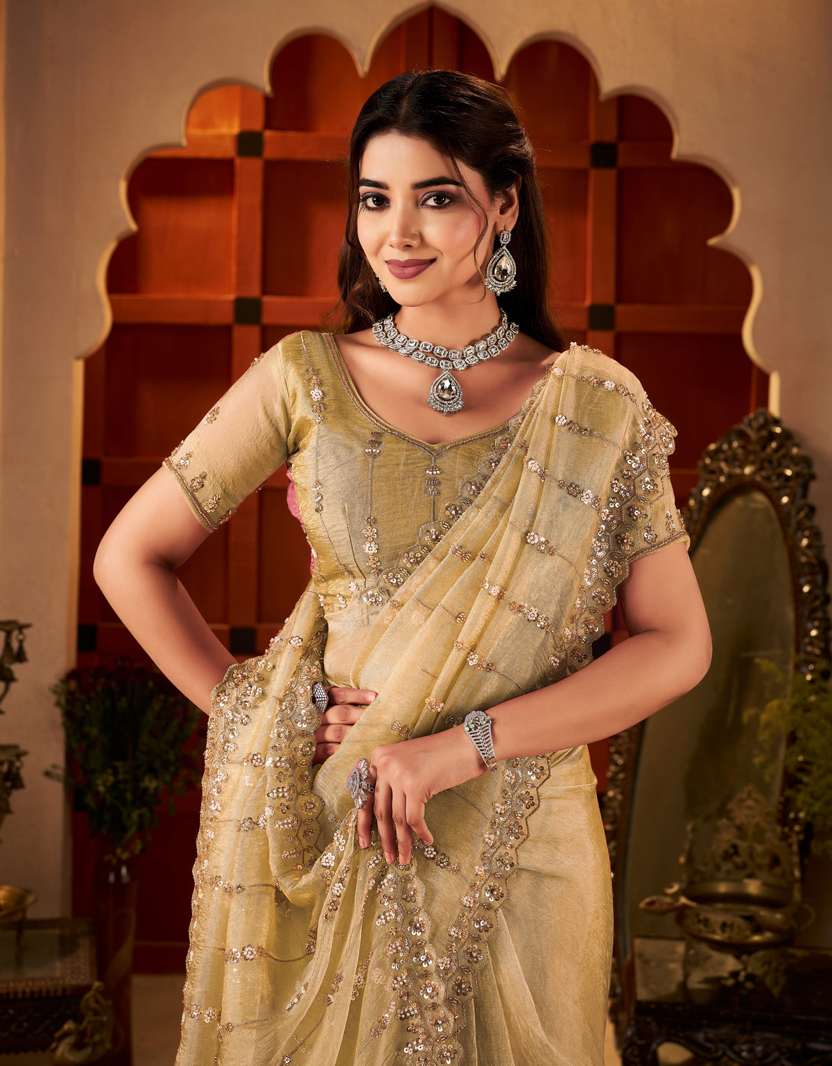 close-up of champagne gold tissue silk saree with intricate hand work