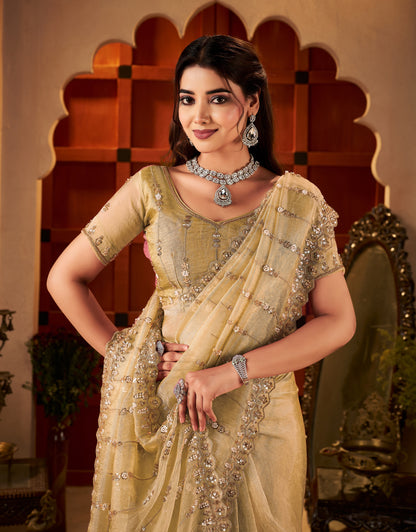 Close-up of Champagne Gold Tissue Silk Saree with intricate hand work