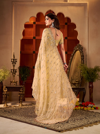Embellished pallu of Champagne Gold Floral Tissue Silk Saree