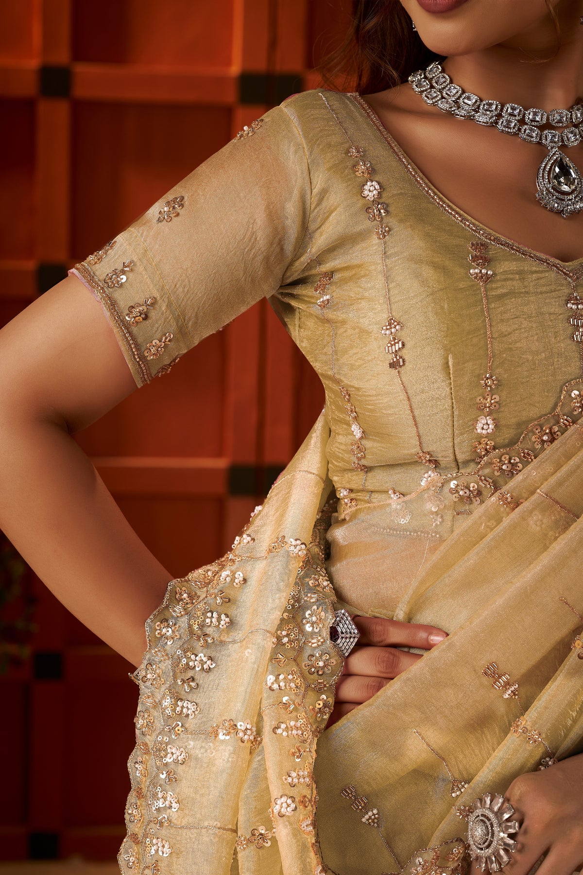 unstitched blouse piece in champagne gold tissue silk