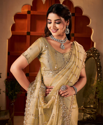 Front half view of Champagne Gold Floral Tissue Silk Saree with hand work