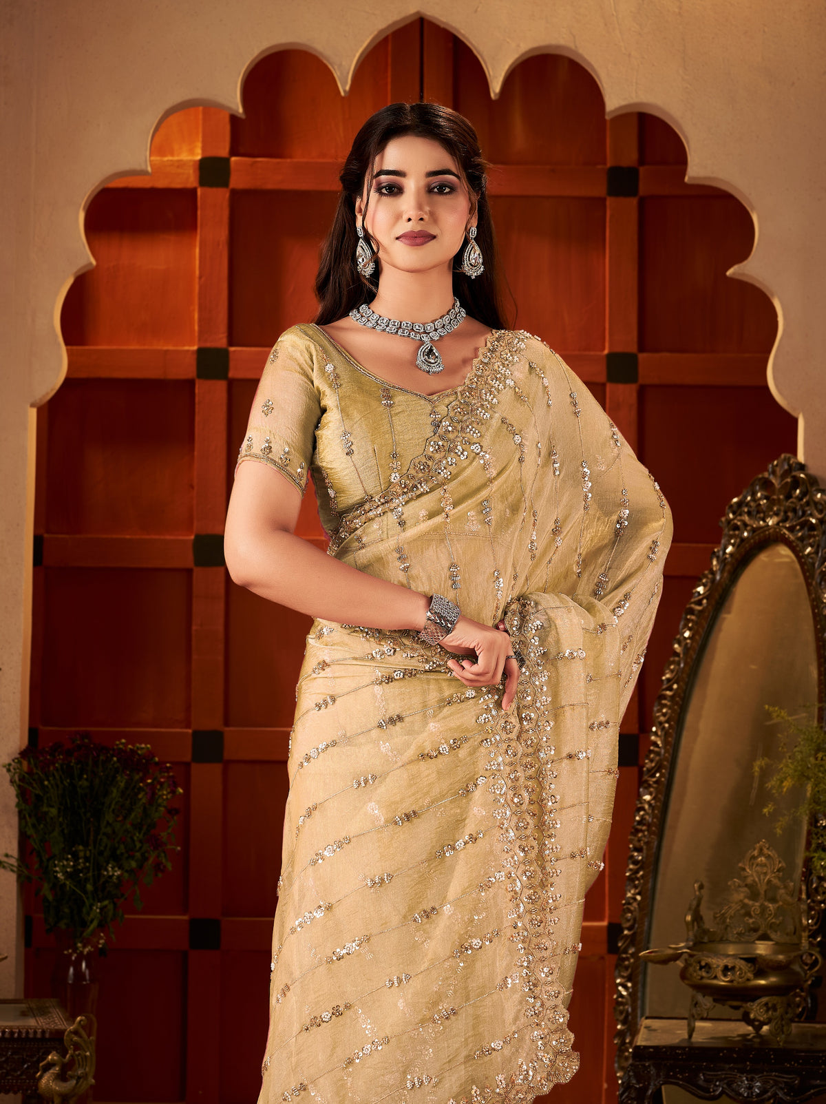 champagne gold floral tissue silk saree perfect for weddings, receptions and festive occasions