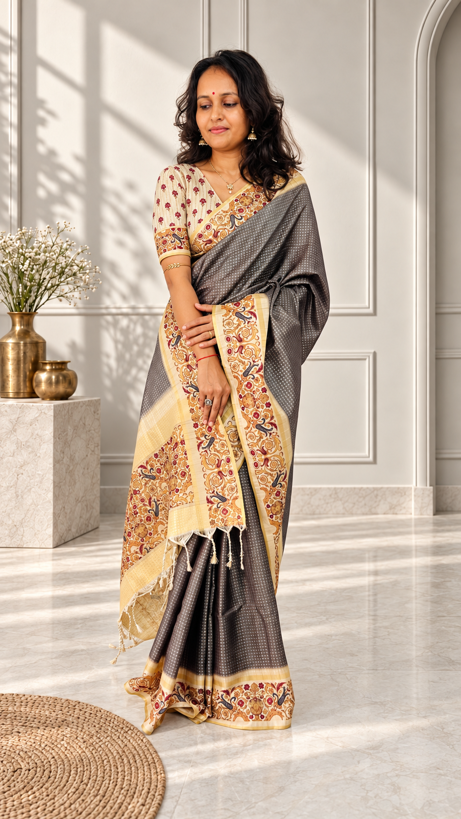 Ornate Floral Border Charcoal Grey Tussar Silk Saree