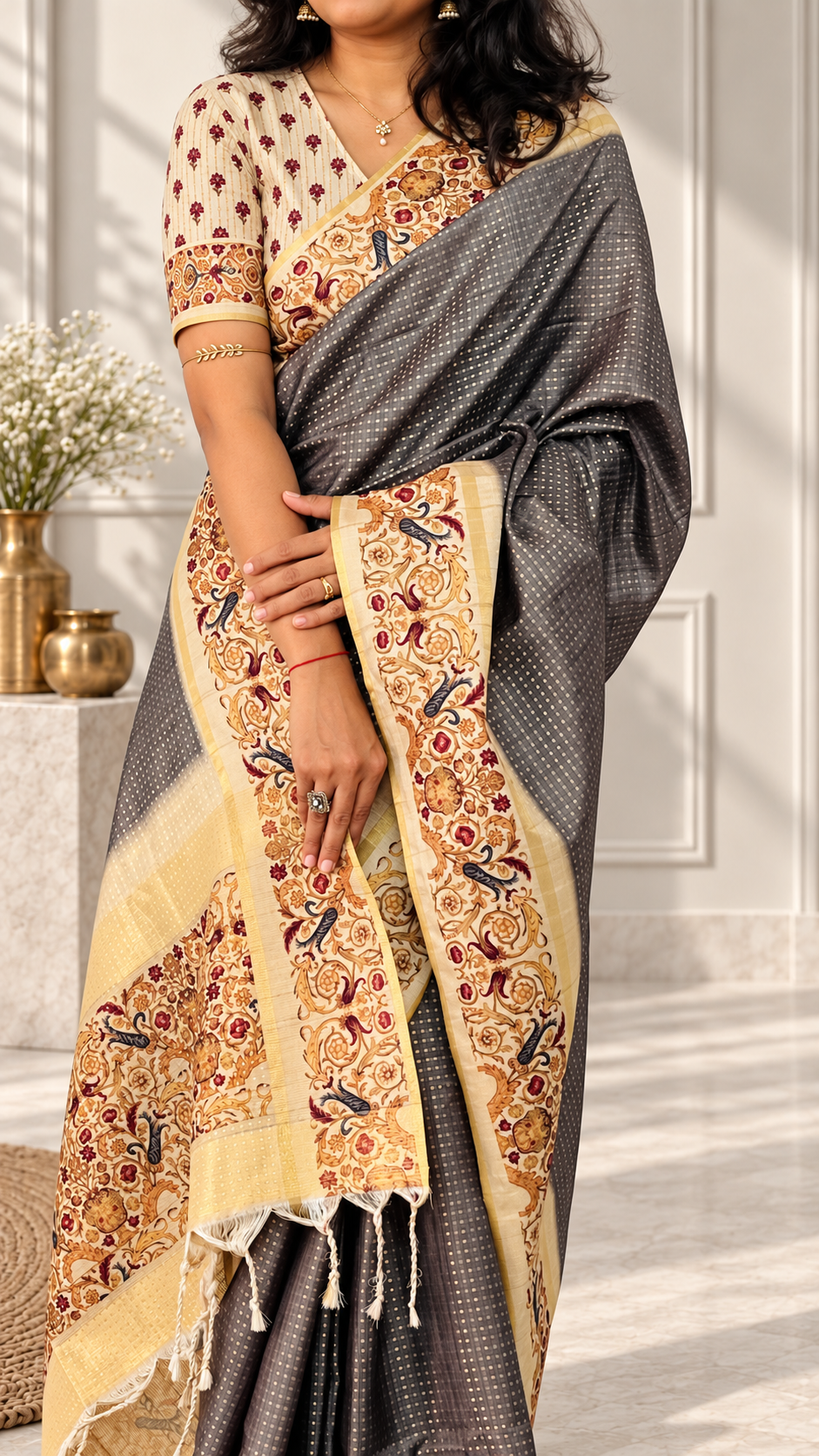 ornate floral border charcoal grey tussar silk saree