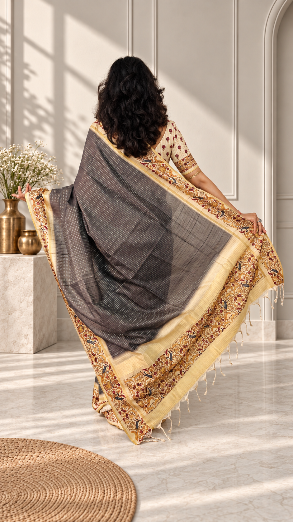 ornate floral border charcoal grey tussar silk saree