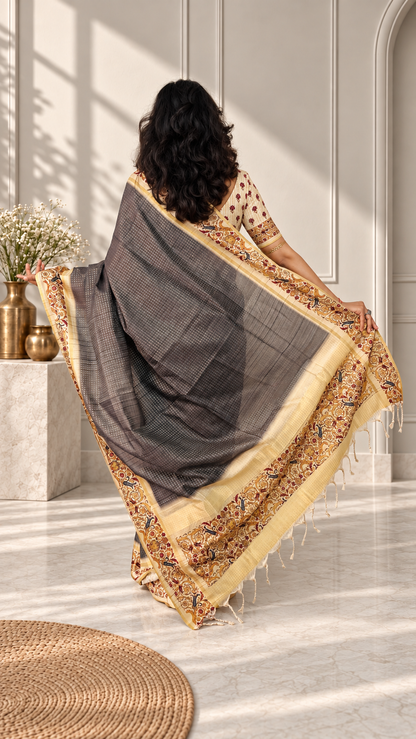 Ornate Floral Border Charcoal Grey Tussar Silk Saree