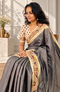 Ornate Floral Border Charcoal Grey Tussar Silk Saree