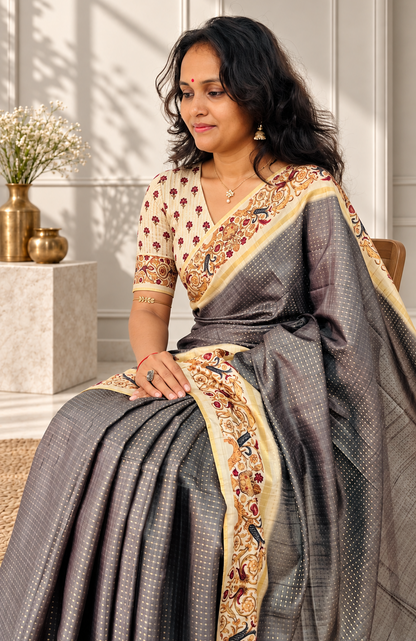 Ornate Floral Border Charcoal Grey Tussar Silk Saree