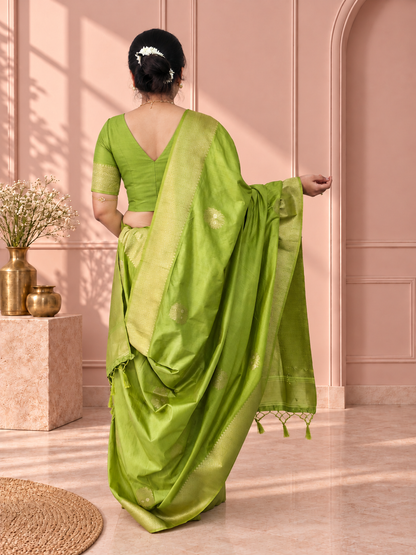 Lime Green Silk Butta Saree with Rich Woven Border