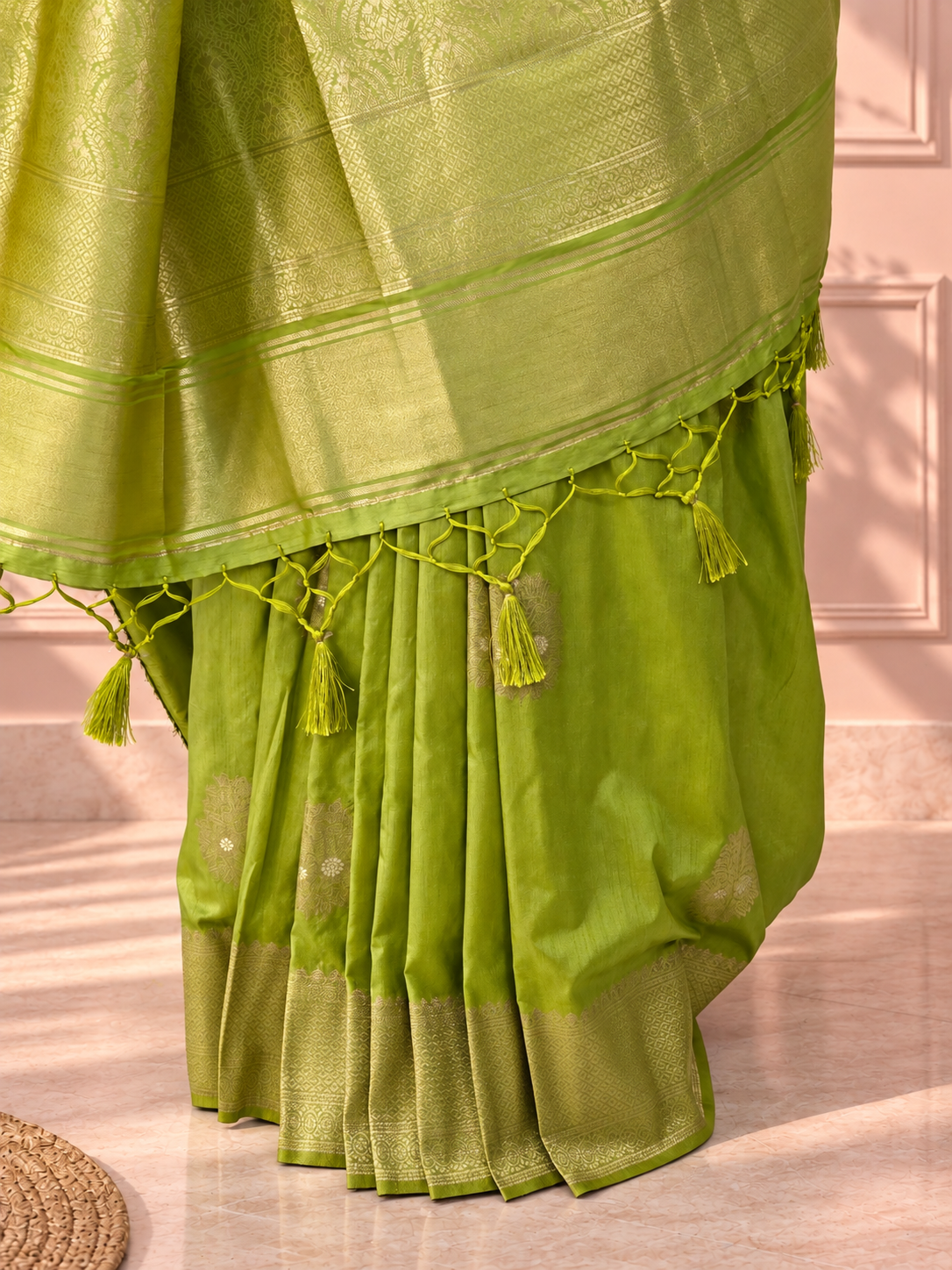 lime green silk butta saree with rich woven border