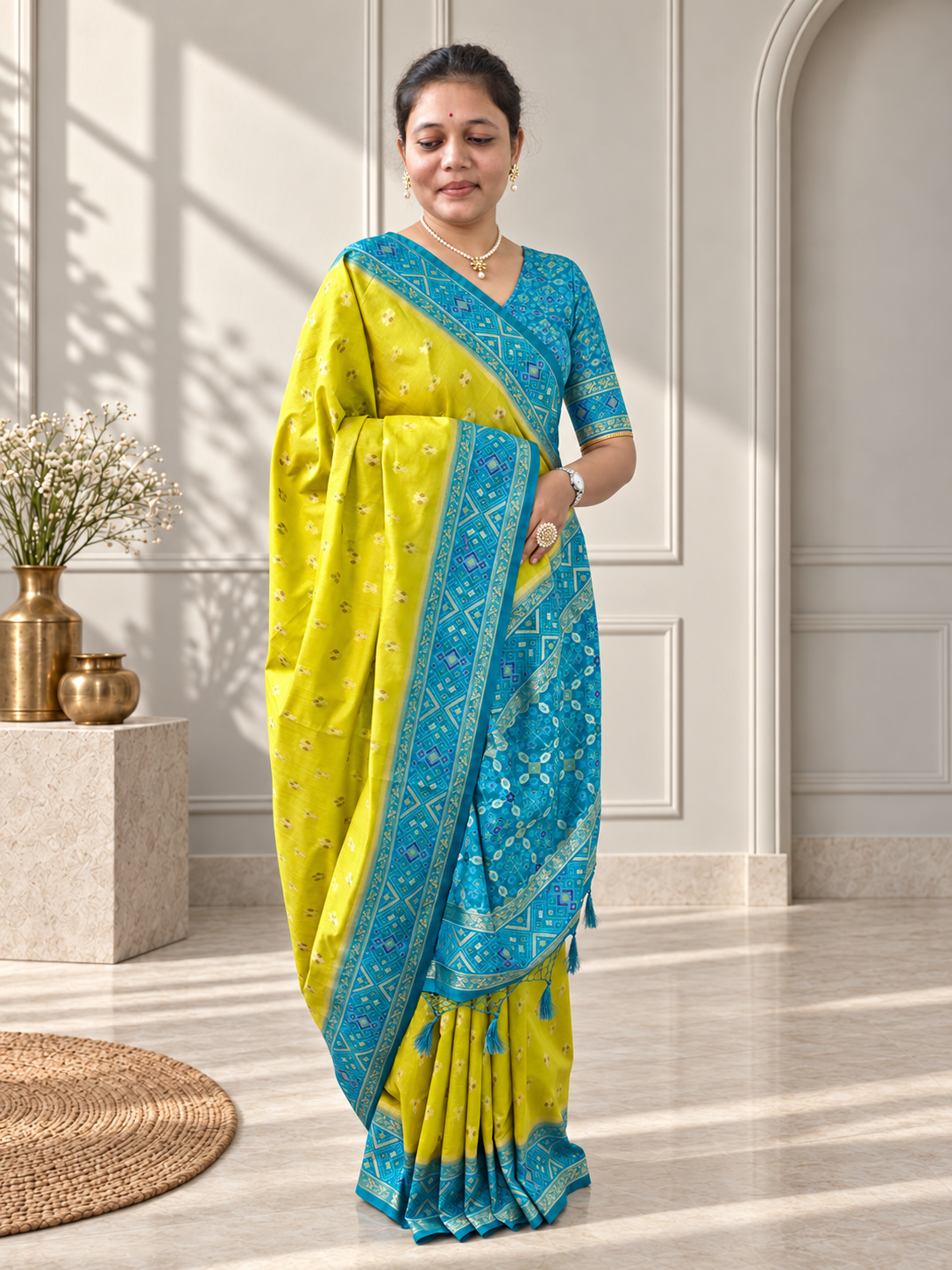 Lime Green Teal Blue Silk Patola Saree with Geometric Woven Border