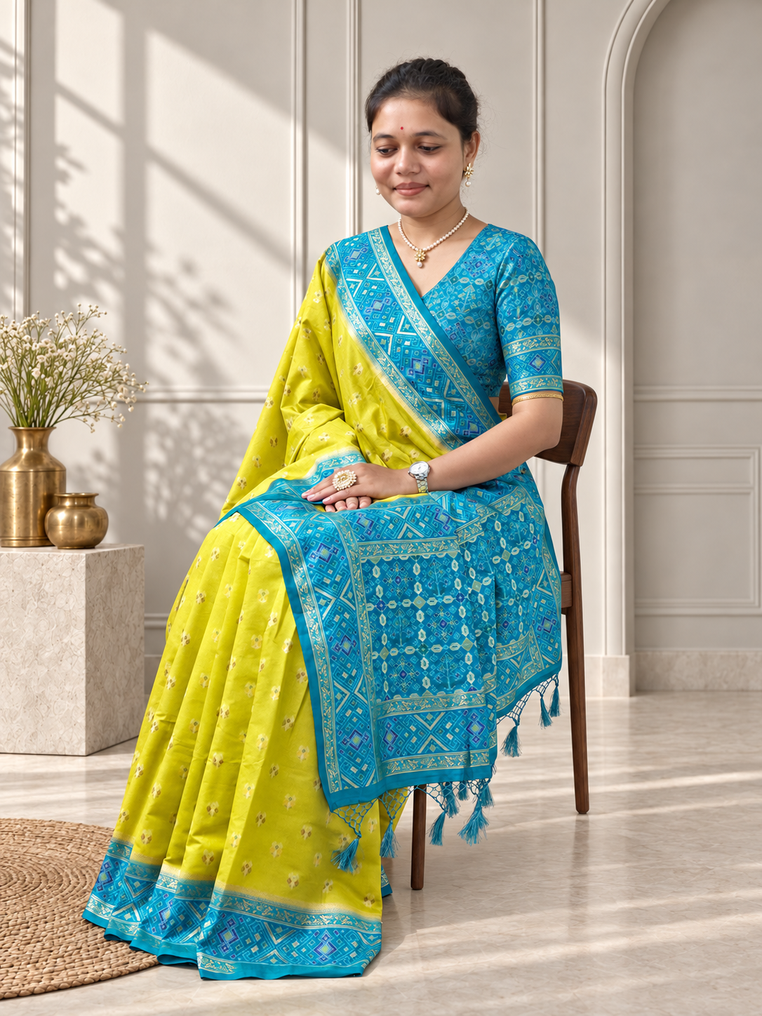 Lime Green Teal Blue Silk Patola Saree with Geometric Woven Border