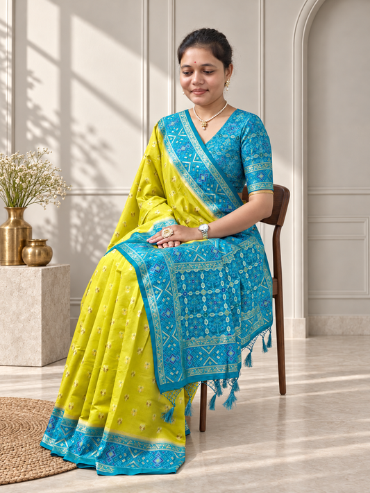 Lime Green Teal Blue Silk Patola Saree with Geometric Woven Border