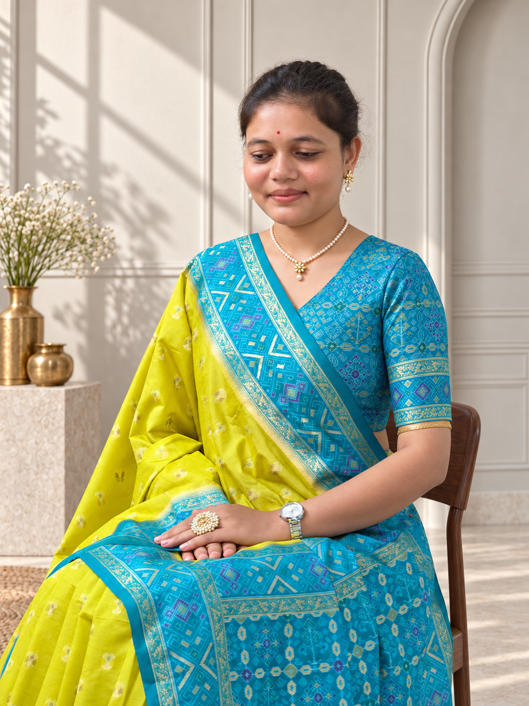 Lime Green Teal Blue Silk Patola Saree with Geometric Woven Border