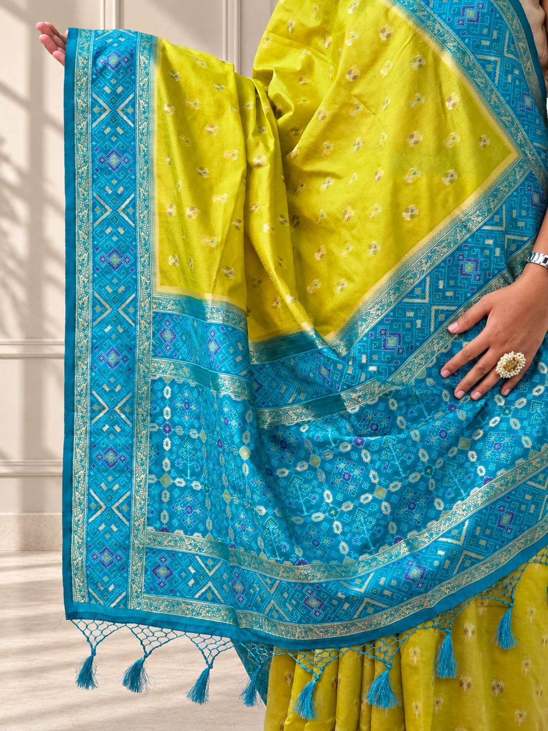 lime green teal blue silk patola saree with geometric woven border