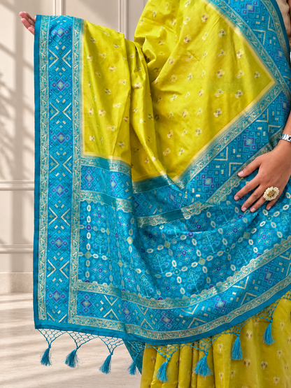 Lime Green Teal Blue Silk Patola Saree with Geometric Woven Border