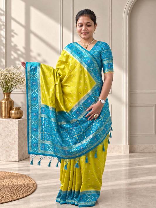 Lime Green Teal Blue Silk Patola Saree with Geometric Woven Border