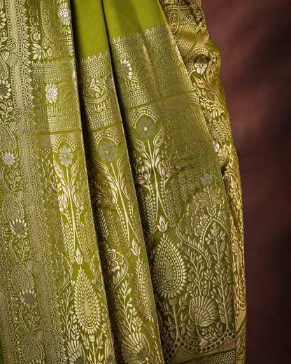Olive Green Silk Woven Banarasi Saree
