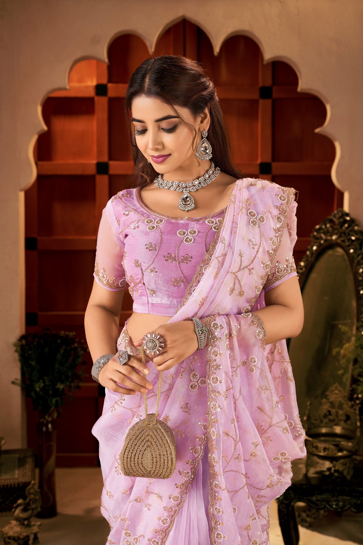 Full-length view of the Chhoga Lavender Pink Tissue Silk Saree showcasing its graceful drape and handcrafted details.