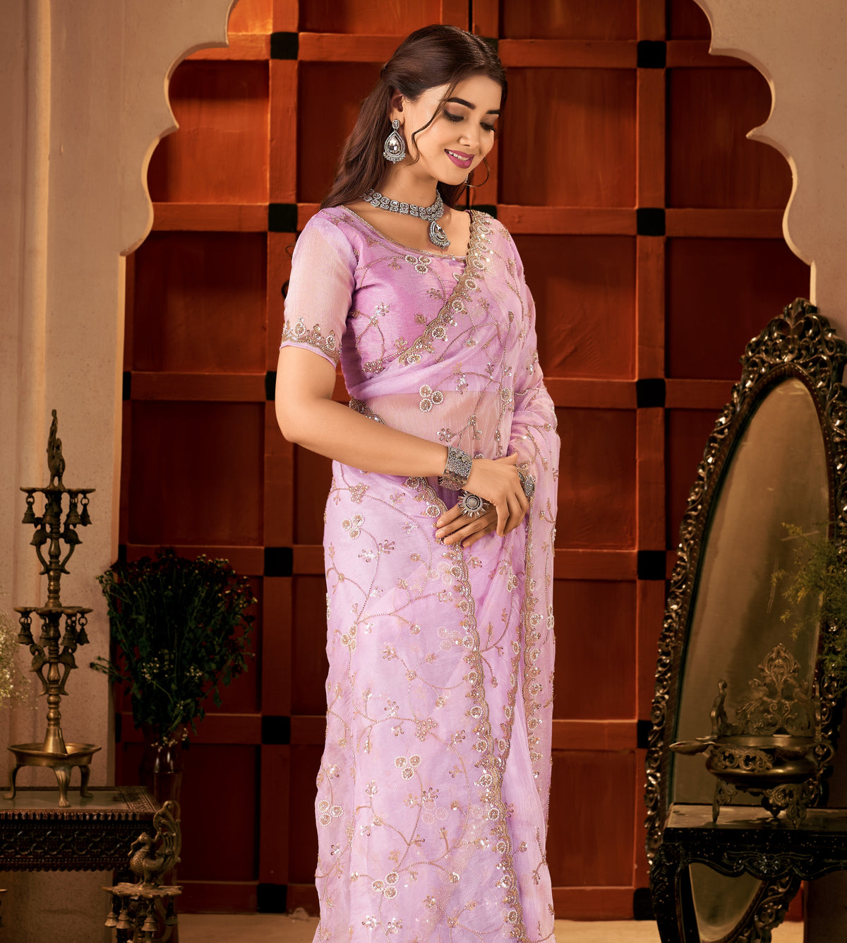 elegant portrait of the chhoga lavender pink tissue silk saree styled 