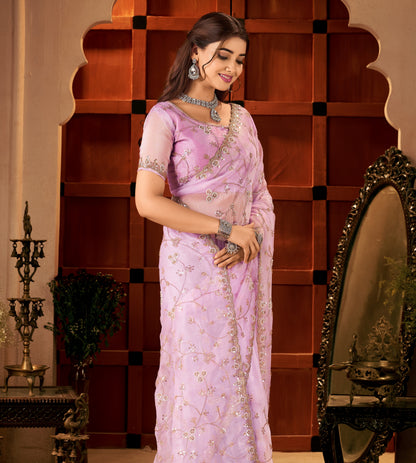 Elegant portrait of the Chhoga Lavender Pink Tissue Silk Saree styled 
