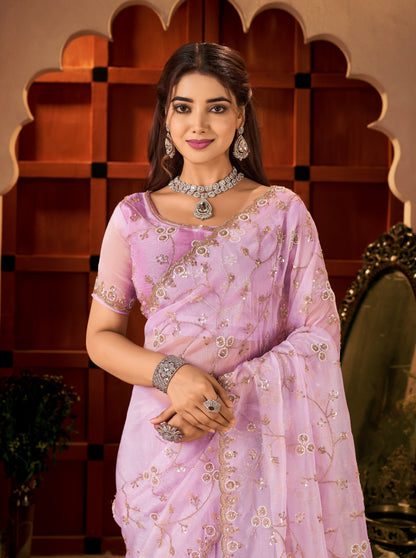 Styled look of the Chhoga Lavender Pink Tissue Silk Saree for festive occasions.