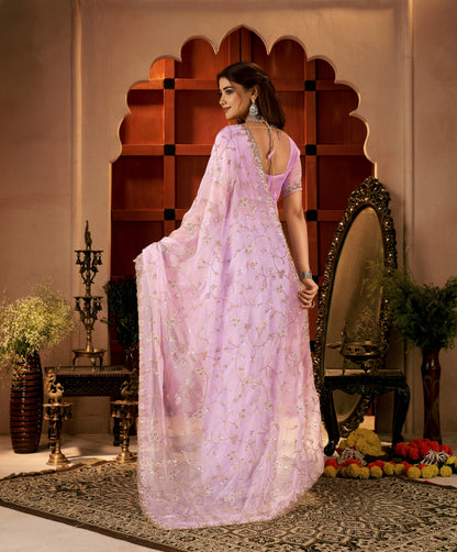 Back view of the Chhoga Lavender Pink Tissue Silk Saree showcasing its elegant drape and intricate hand work.
