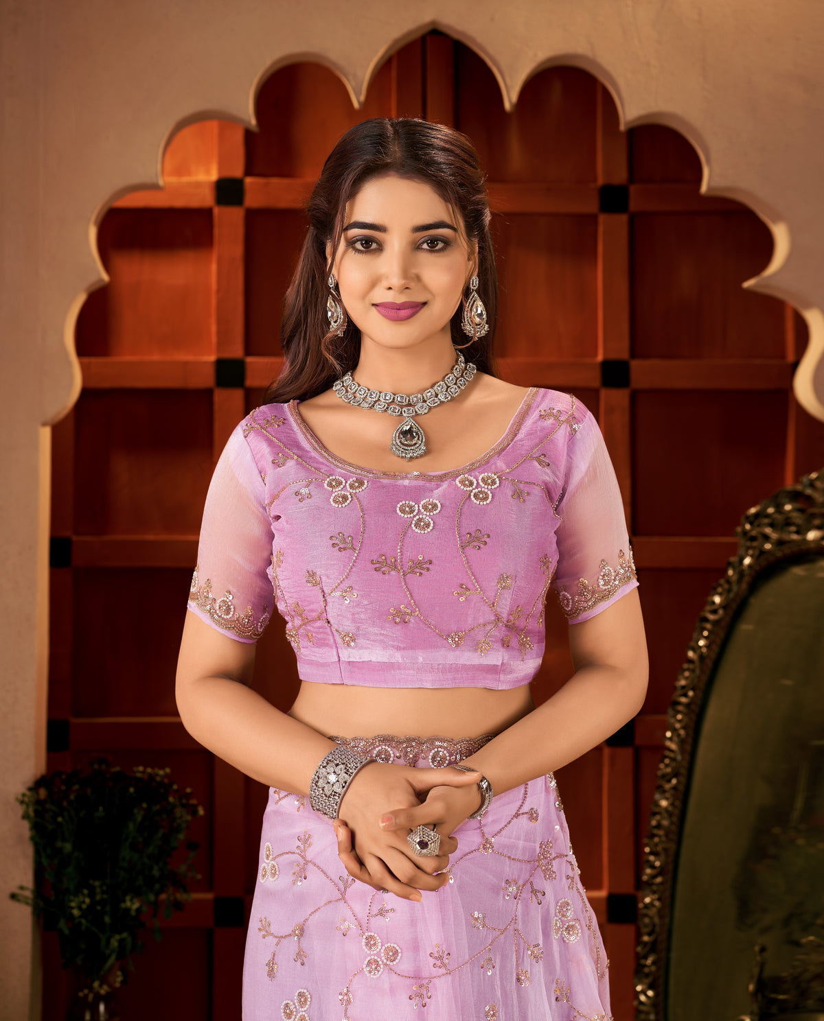 matching blouse with elegant hand work for the chhoga lavender pink tissue silk saree.