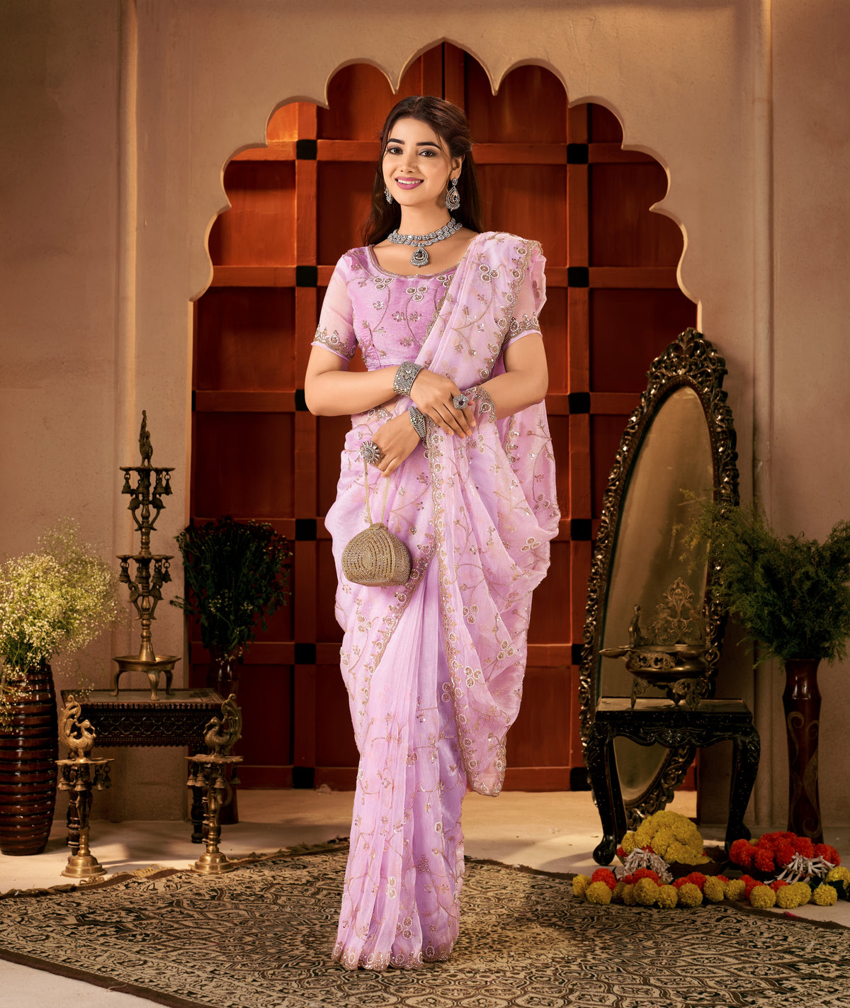 Chhoga Lavender Pink Tissue Silk Saree Complete Look