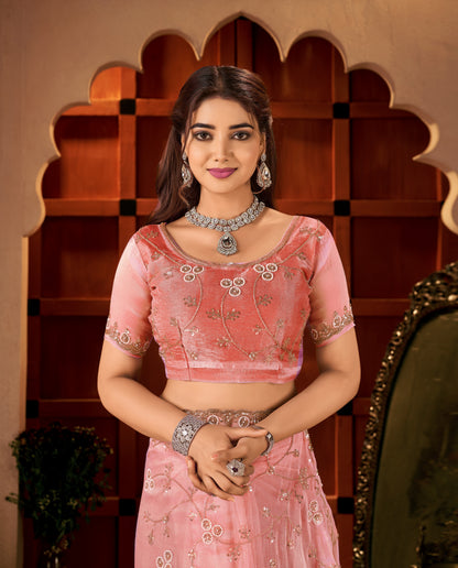 Close-up of the blouse back design featuring elegant hand work on the Chhoga Rose Pink Tissue Silk Saree.