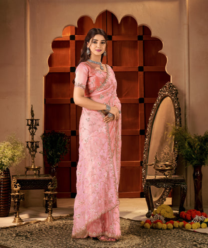 Elegant portrait of the Chhoga Rose Pink Tissue Silk Saree with handcrafted detailing.