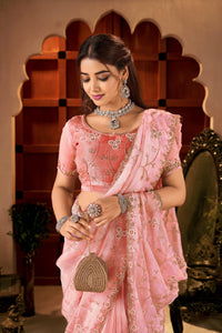 Rose Pink Floral Vine Tissue Silk Saree with Hand Work