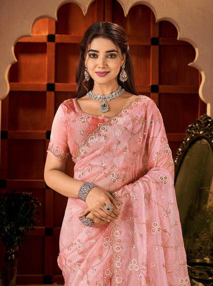 Elegant portrait of the Chhoga Rose Pink Tissue Silk Saree with handcrafted detailing.