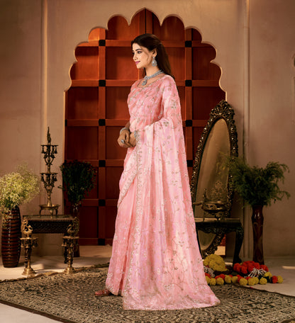 Side profile of the Chhoga Rose Pink Tissue Silk Saree showcasing its graceful drape and pallu.