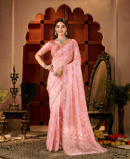 Styled look of the Chhoga Rose Pink Tissue Silk Saree paired with matching accessories.