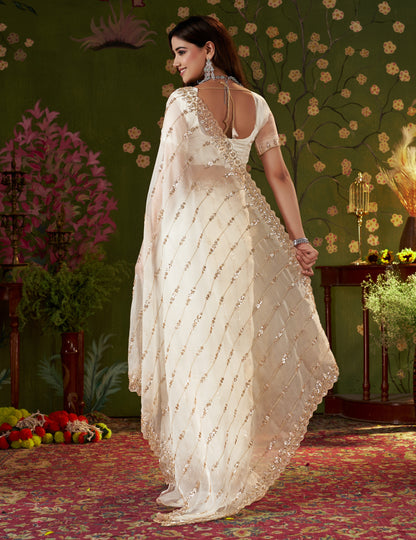 Close-up of floral hand work on the pallu of Ivory White Tissue Silk Saree